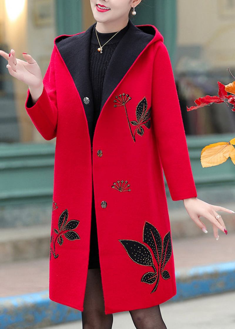 Boutique-trenchcoat Aus Roter Jacquard-wolle Mit Kapuze Und Zirkonia Frühling - Damen-Wollmäntel