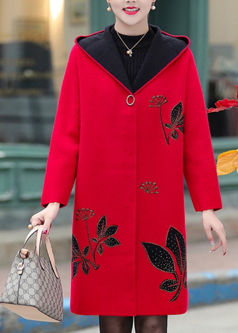 Boutique-trenchcoat Aus Roter Jacquard-wolle Mit Kapuze Und Zirkonia Frühling - Damen-Wollmäntel