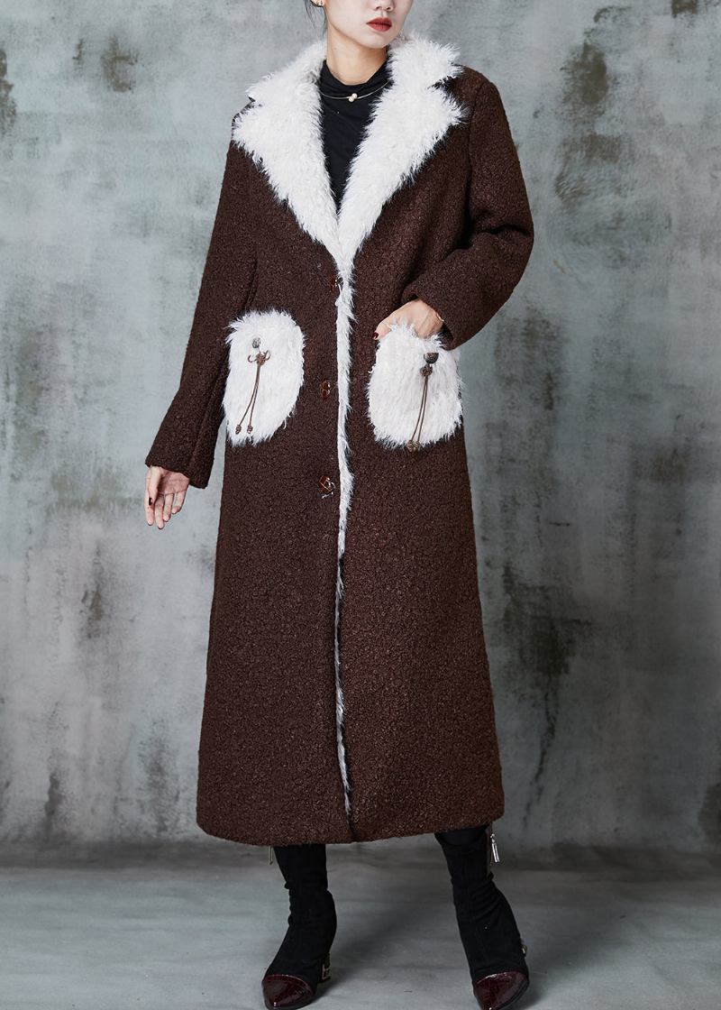 Boutique-trenchcoat Mit Patchwork-taschen Und Fleece-wolle In Schokoladenbraun - Damen-Wollmäntel