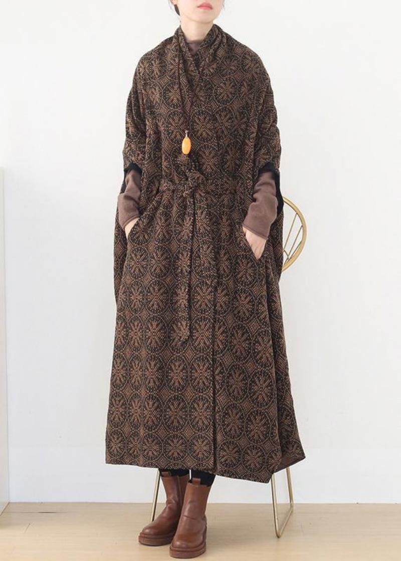 Brauner Vintage-wollmantel In Übergröße Trenchcoat Mit V-ausschnitt Umhang Wolloberbekleidung