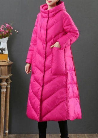 Damen-übergrößen-trenchcoat Wintermantel Rosafarbener Wollmantel Mit Kapuze Und Taschen