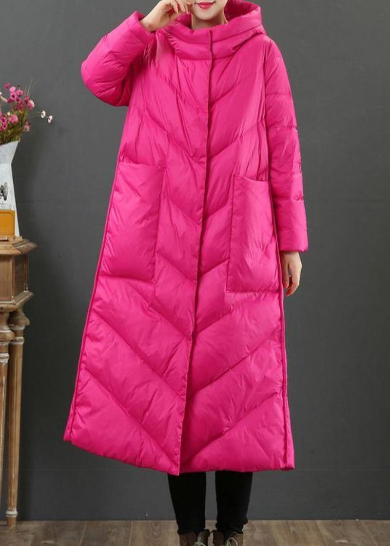 Damen-übergrößen-trenchcoat Wintermantel Rosafarbener Wollmantel Mit Kapuze Und Taschen - Rosa