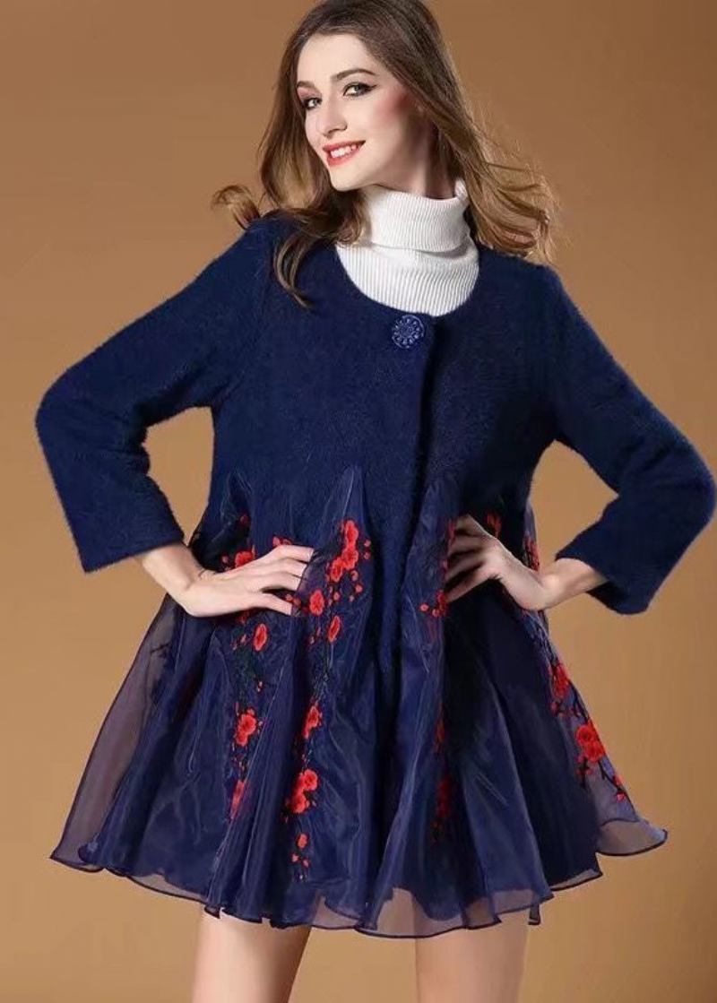 Damen-wollmantel Mit Blauer Organza-patchworkstickerei Für Den Winter