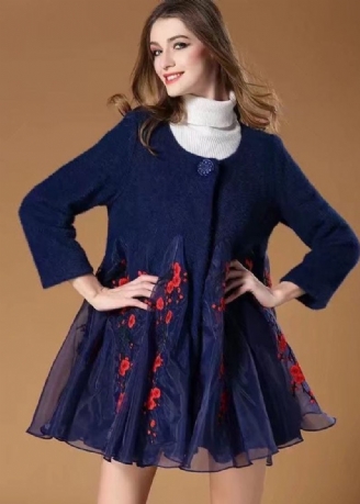 Damen-wollmantel Mit Blauer Organza-patchworkstickerei Für Den Winter