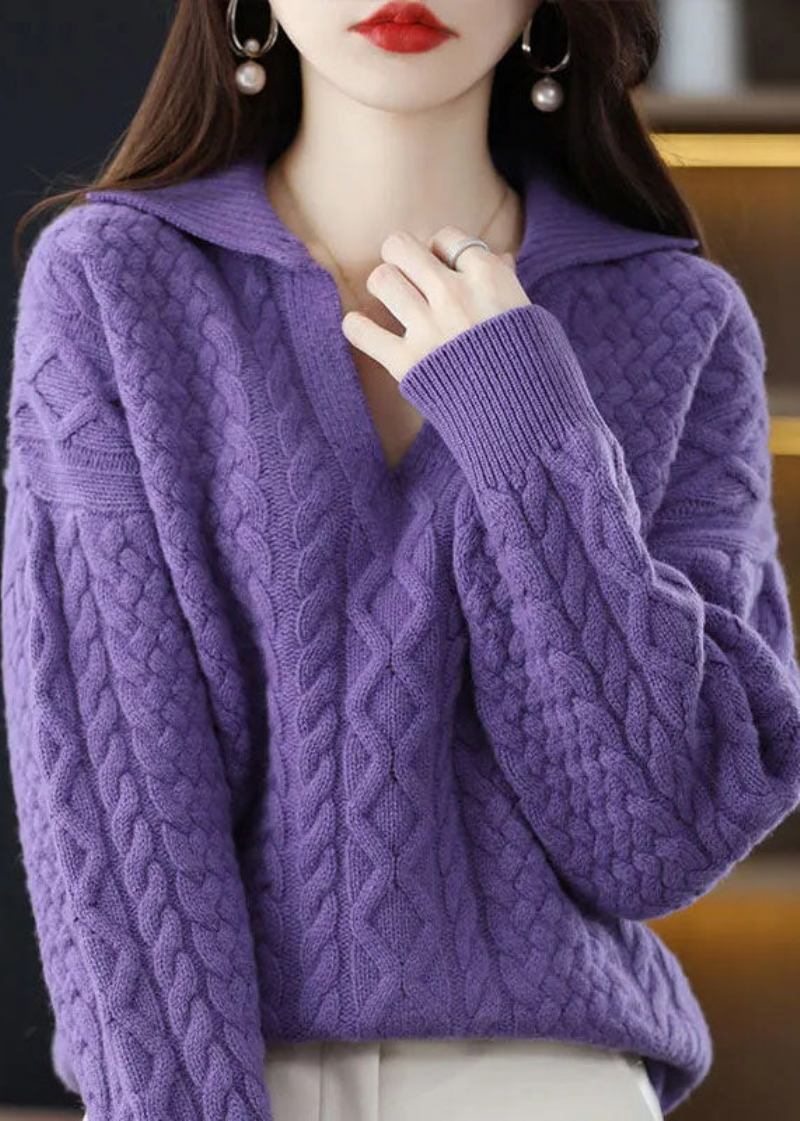 Diy Violett Peter-pan-kragen Dicker Wollpullover Mit Zopfmuster Winter