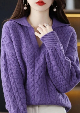 Diy Violett Peter-pan-kragen Dicker Wollpullover Mit Zopfmuster Winter