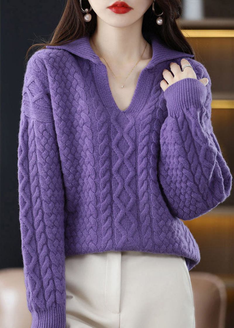 Diy Violett Peter-pan-kragen Dicker Wollpullover Mit Zopfmuster Winter - Damen-Wollmäntel