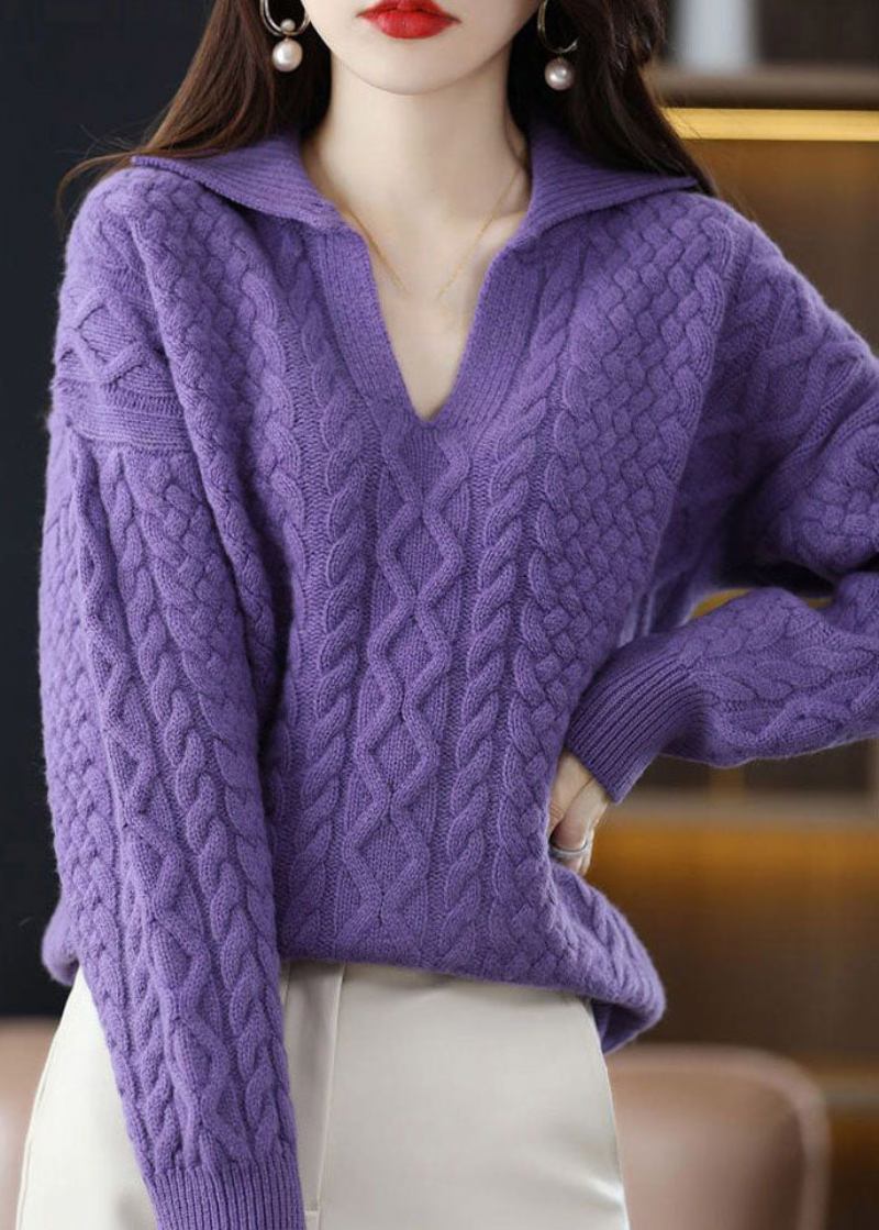 Diy Violett Peter-pan-kragen Dicker Wollpullover Mit Zopfmuster Winter - Damen-Wollmäntel