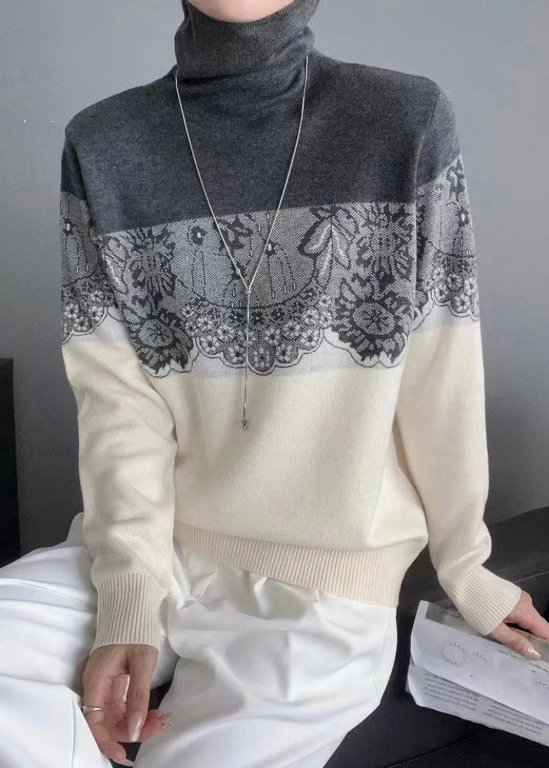 Edler Gelber Rollkragenpullover Patchwork Wollstrickpullover Lange Ärmel - Damen-Wollmäntel