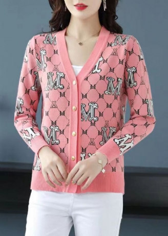 Edler Rosa Jacquard-patchwork-wollcardigan Mit V-ausschnitt Für Den Herbst