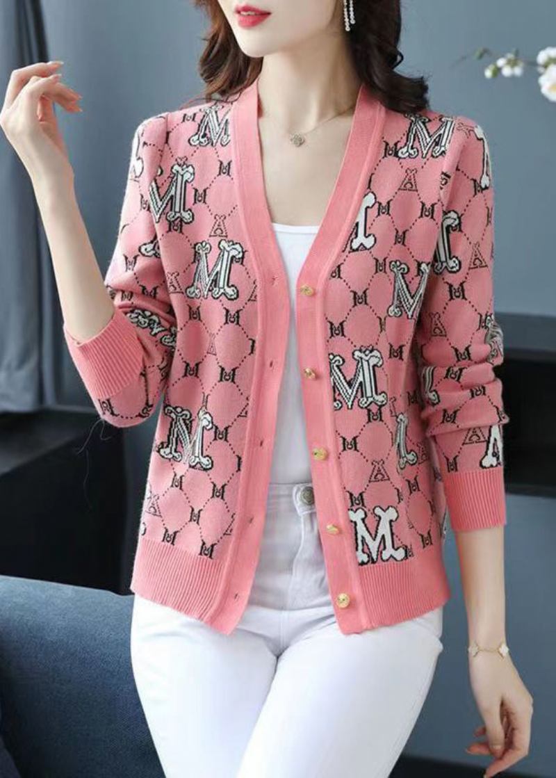 Edler Rosa Jacquard-patchwork-wollcardigan Mit V-ausschnitt Für Den Herbst - Damen-Wollmäntel