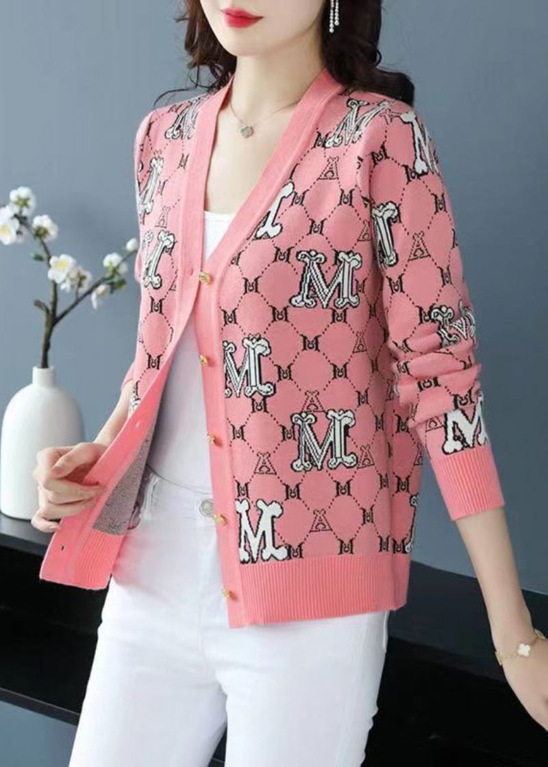 Edler Rosa Jacquard-patchwork-wollcardigan Mit V-ausschnitt Für Den Herbst - Damen-Wollmäntel