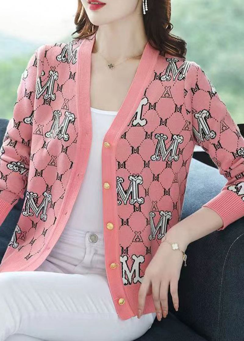 Edler Rosa Jacquard-patchwork-wollcardigan Mit V-ausschnitt Für Den Herbst - Damen-Wollmäntel