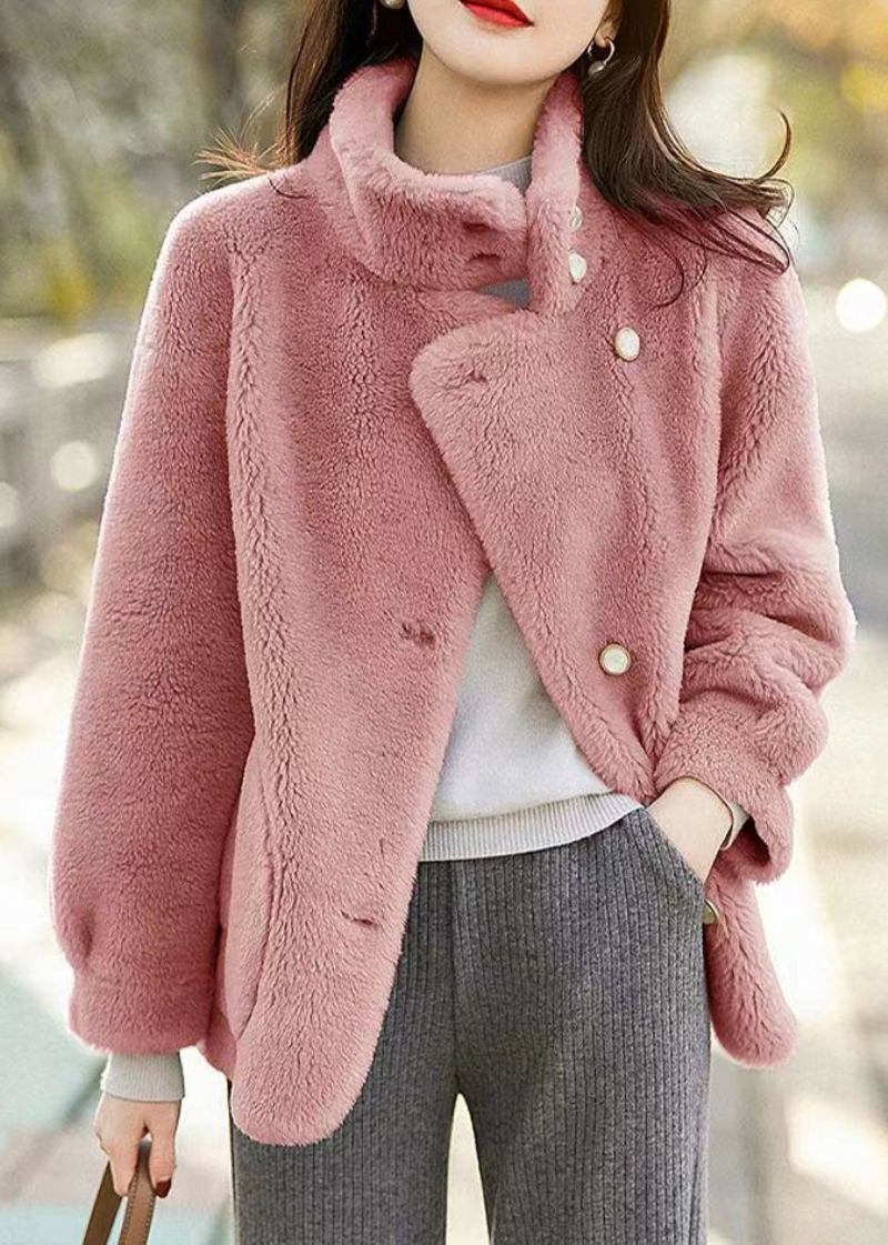 Einfache Rosa Patchwork-wolljacken Mit Stehkragen Und Taschen Für Den Winter