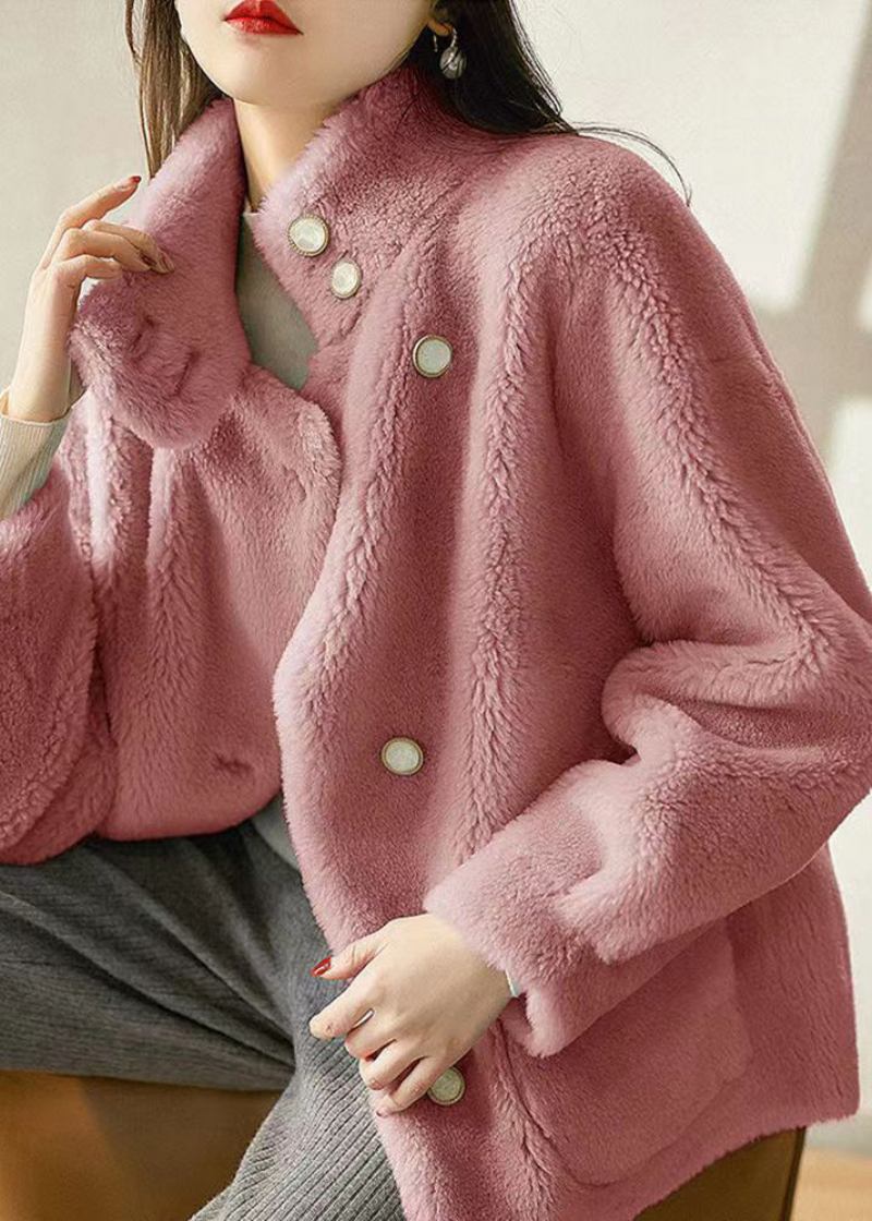 Einfache Rosa Patchwork-wolljacken Mit Stehkragen Und Taschen Für Den Winter - Damen-Wollmäntel