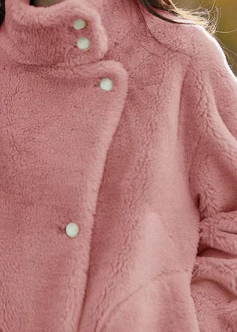 Einfache Rosa Patchwork-wolljacken Mit Stehkragen Und Taschen Für Den Winter - Damen-Wollmäntel