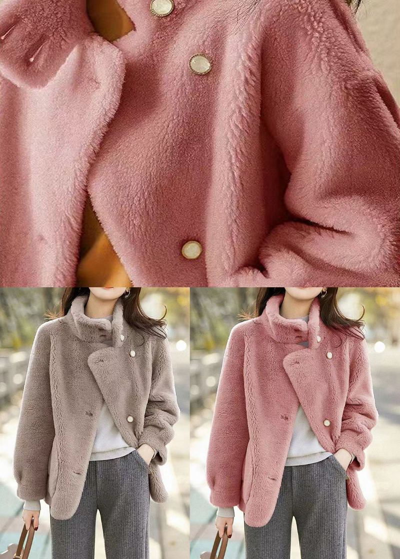 Einfache Rosa Patchwork-wolljacken Mit Stehkragen Und Taschen Für Den Winter - Damen-Wollmäntel