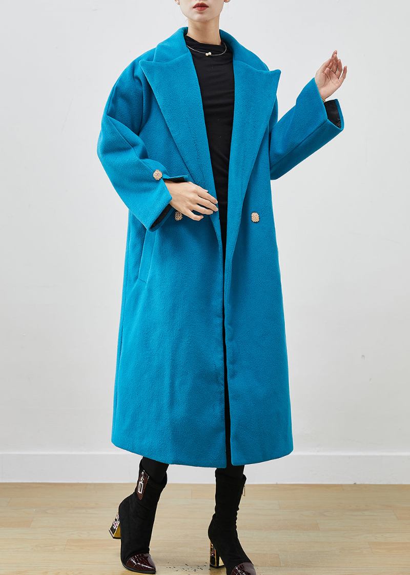 Einfacher Seeblauer Übergroßer Woll-trenchcoat Mit Zweireihiger Musterung Frühling - Damen-Wollmäntel