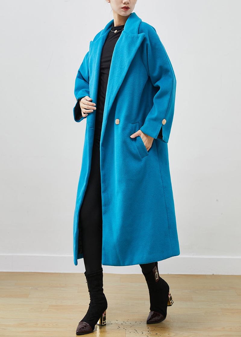 Einfacher Seeblauer Übergroßer Woll-trenchcoat Mit Zweireihiger Musterung Frühling - Damen-Wollmäntel