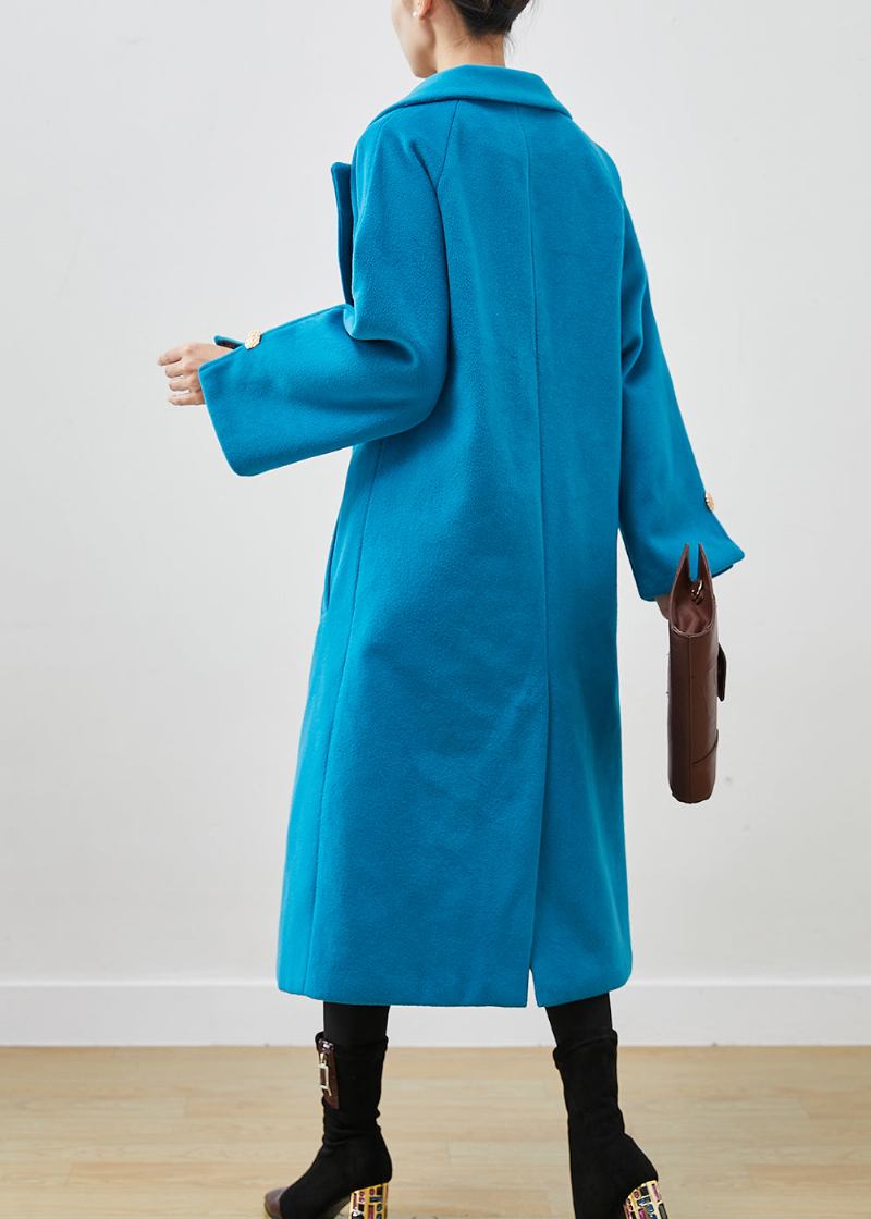 Einfacher Seeblauer Übergroßer Woll-trenchcoat Mit Zweireihiger Musterung Frühling - Damen-Wollmäntel