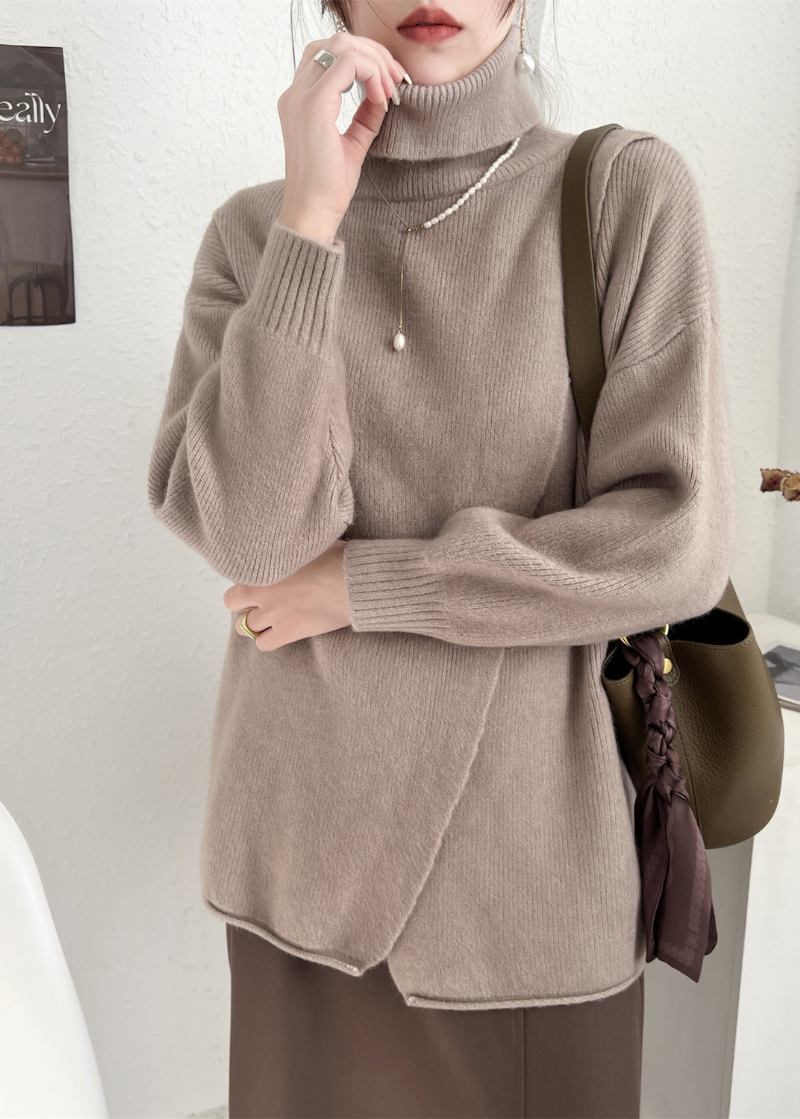 Einfacher Weißer Asymmetrischer Wollpullover Mit Hohem Halsausschnitt Und Patchwork-muster Frühling - Damen-Wollmäntel