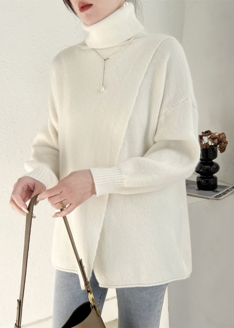 Einfacher Weißer Asymmetrischer Wollpullover Mit Hohem Halsausschnitt Und Patchwork-muster Frühling - Damen-Wollmäntel