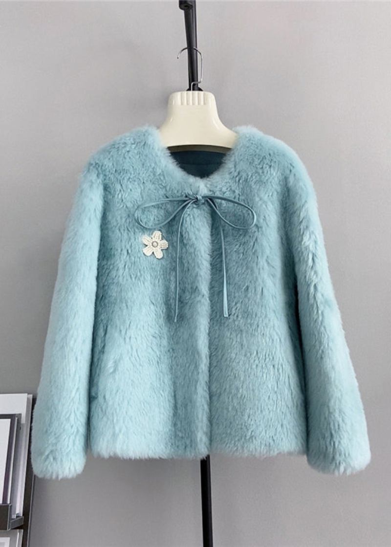 Einzigartige Blaue Wolljacke Mit Rundhalsausschnitt Und Schleife Und Blumendekor Für Den Winter