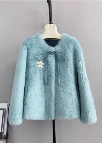 Einzigartige Blaue Wolljacke Mit Rundhalsausschnitt Und Schleife Und Blumendekor Für Den Winter