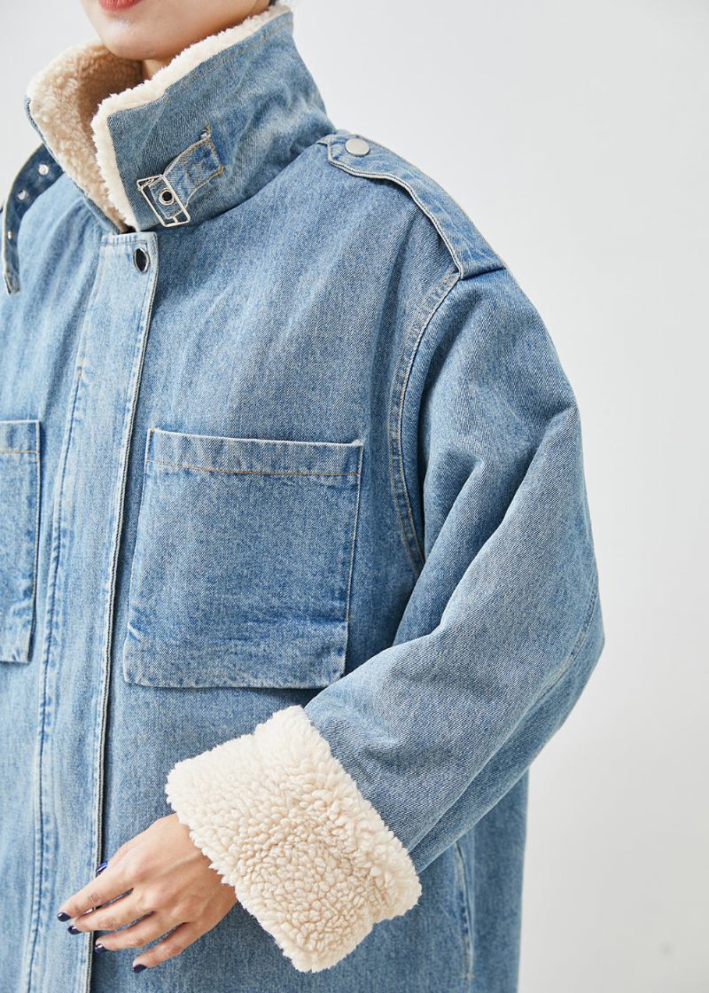 Eleganter Blauer Übergroßer Mit Fleecewolle Gefütterter Denim-trenchcoat Für Den Herbst - Damen-Wollmäntel