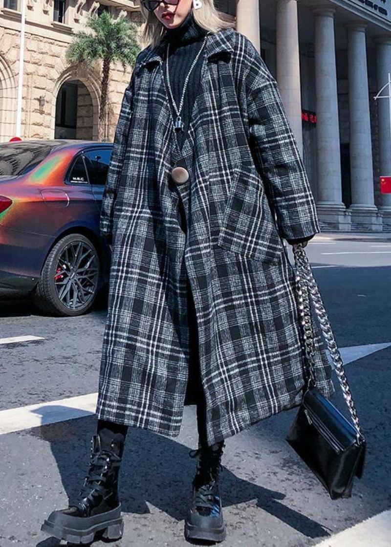 Eleganter Grauer Karierter Wollmantel Für Damen In Übergröße Mit Gekerbten Taschen Lange Mäntel