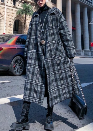 Eleganter Grauer Karierter Wollmantel Für Damen In Übergröße Mit Gekerbten Taschen Lange Mäntel