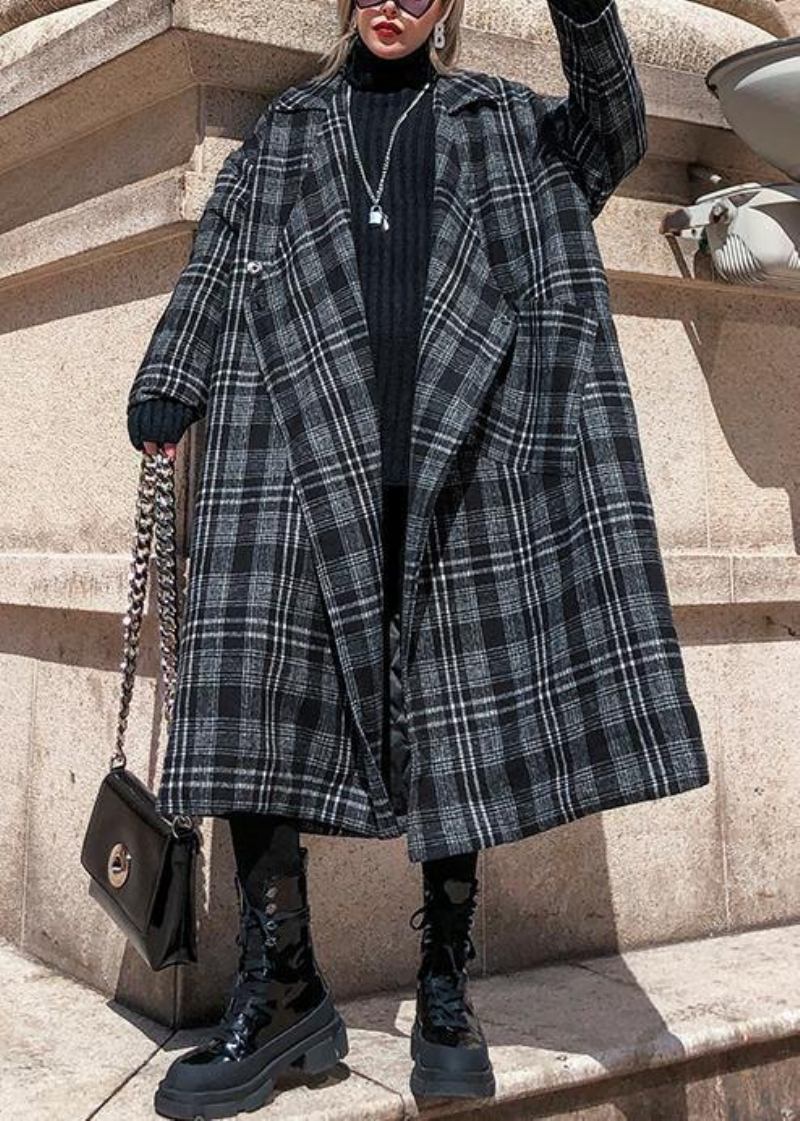 Eleganter Grauer Karierter Wollmantel Für Damen In Übergröße Mit Gekerbten Taschen Lange Mäntel - Damen-Wollmäntel