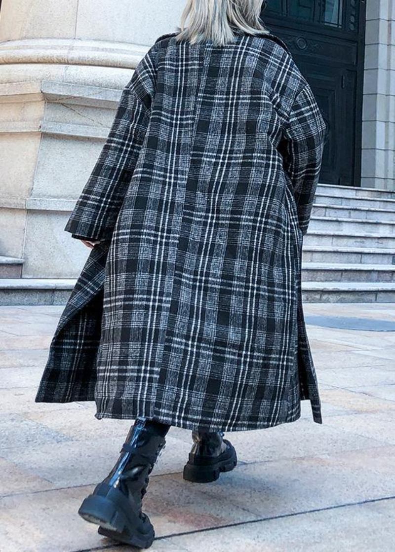 Eleganter Grauer Karierter Wollmantel Für Damen In Übergröße Mit Gekerbten Taschen Lange Mäntel - Damen-Wollmäntel