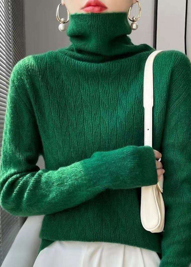 Eleganter Grüner Patchwork-wollpullover Mit Hohem Kragen Für Den Herbst