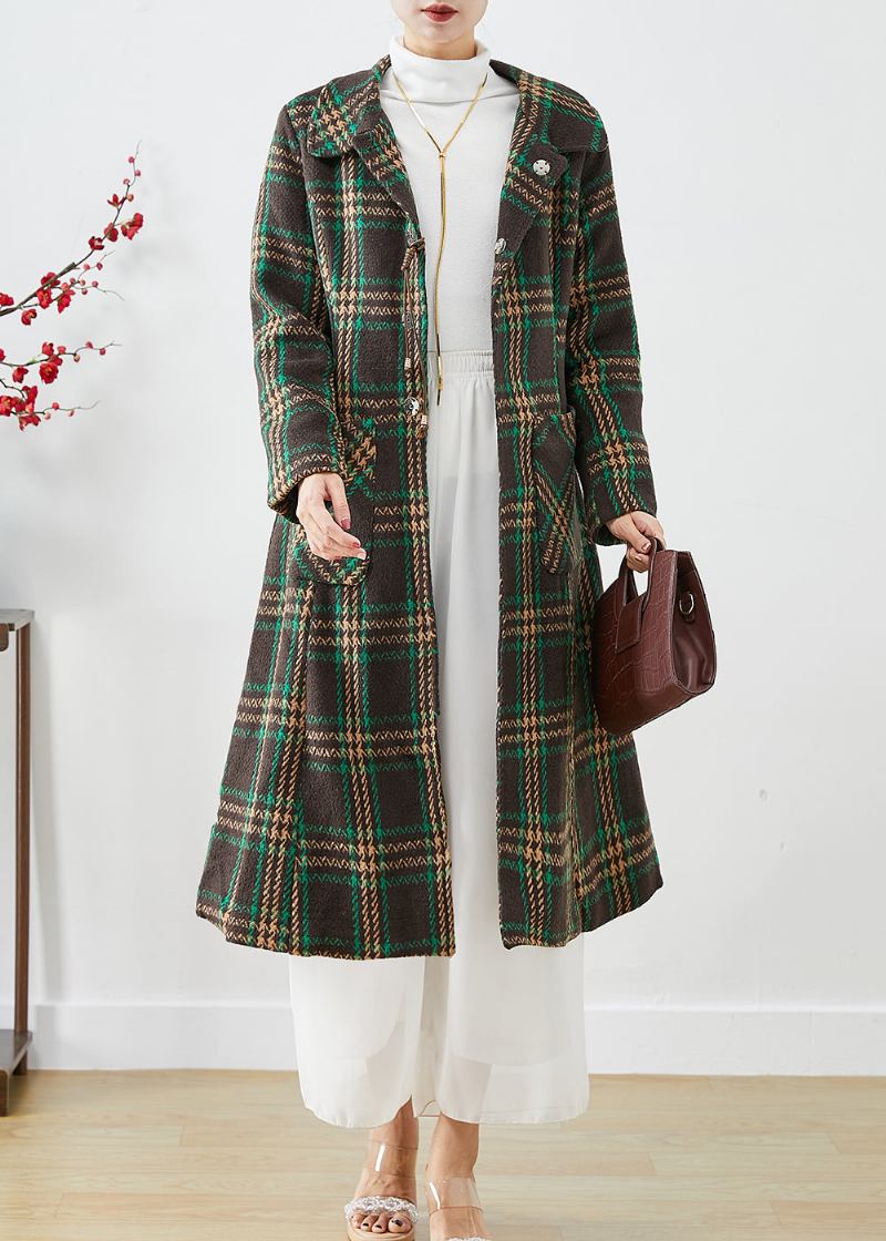 Eleganter Grüner Peter-pan-kragen Karierte Taschen Wolltrenchcoat Für Den Herbst - Damen-Wollmäntel