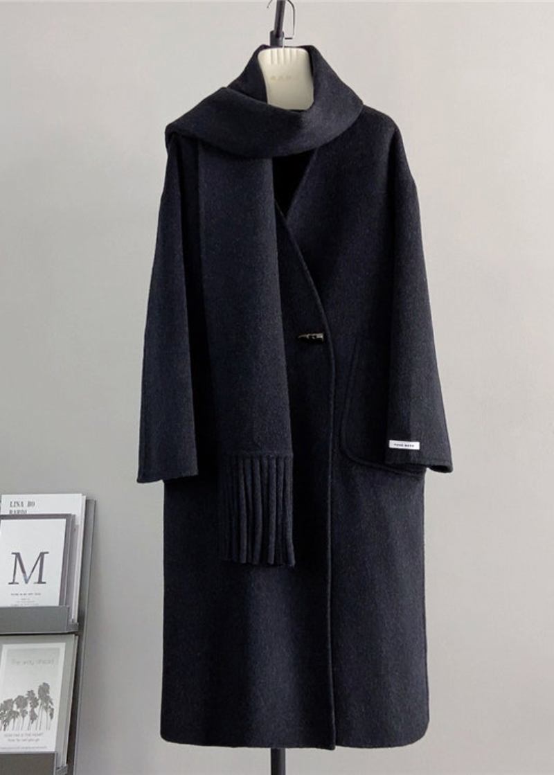 Eleganter Weißer Wollmantel Mit V-ausschnitt Taschen Und Schal Für Den Winter - Damen-Wollmäntel