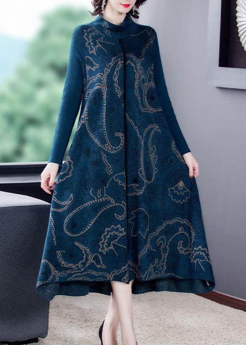 Elegantes Blaues Stehkragen-strickkleid Aus Wolle Pulloverkleid Aus Mit Extra Großem Saum Und Kragenaufdruck Für Den Winter - Damen-Wollmäntel