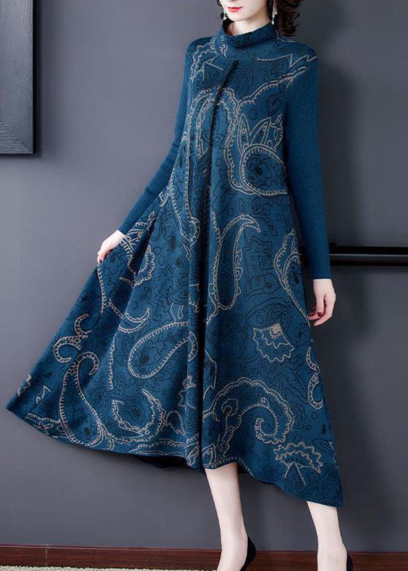 Elegantes Blaues Stehkragen-strickkleid Aus Wolle Pulloverkleid Aus Mit Extra Großem Saum Und Kragenaufdruck Für Den Winter - Damen-Wollmäntel