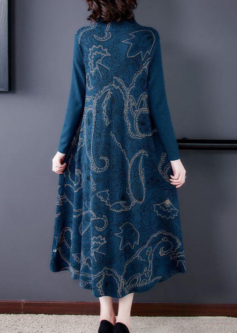 Elegantes Blaues Stehkragen-strickkleid Aus Wolle Pulloverkleid Aus Mit Extra Großem Saum Und Kragenaufdruck Für Den Winter - Damen-Wollmäntel