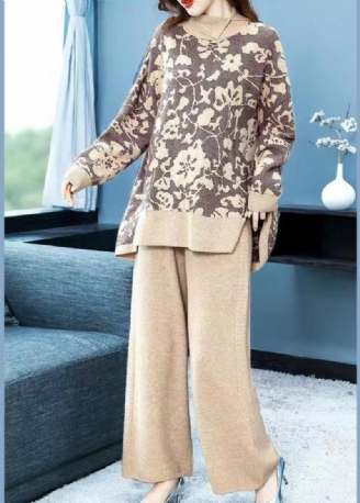 Elegantes Zweiteiliges Wollset Mit Oberteilen Und Hosen In Khaki Mit Aufdruck Für Den Herbst