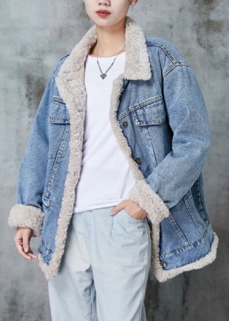 Feine Blaue Fleece-wollfutterjacke Aus Dickem Denim Winter