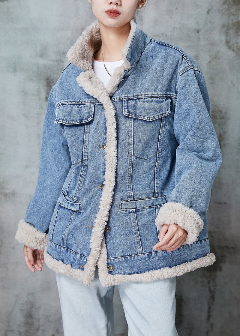 Feine Blaue Fleece-wollfutterjacke Aus Dickem Denim Winter - Damen-Wollmäntel