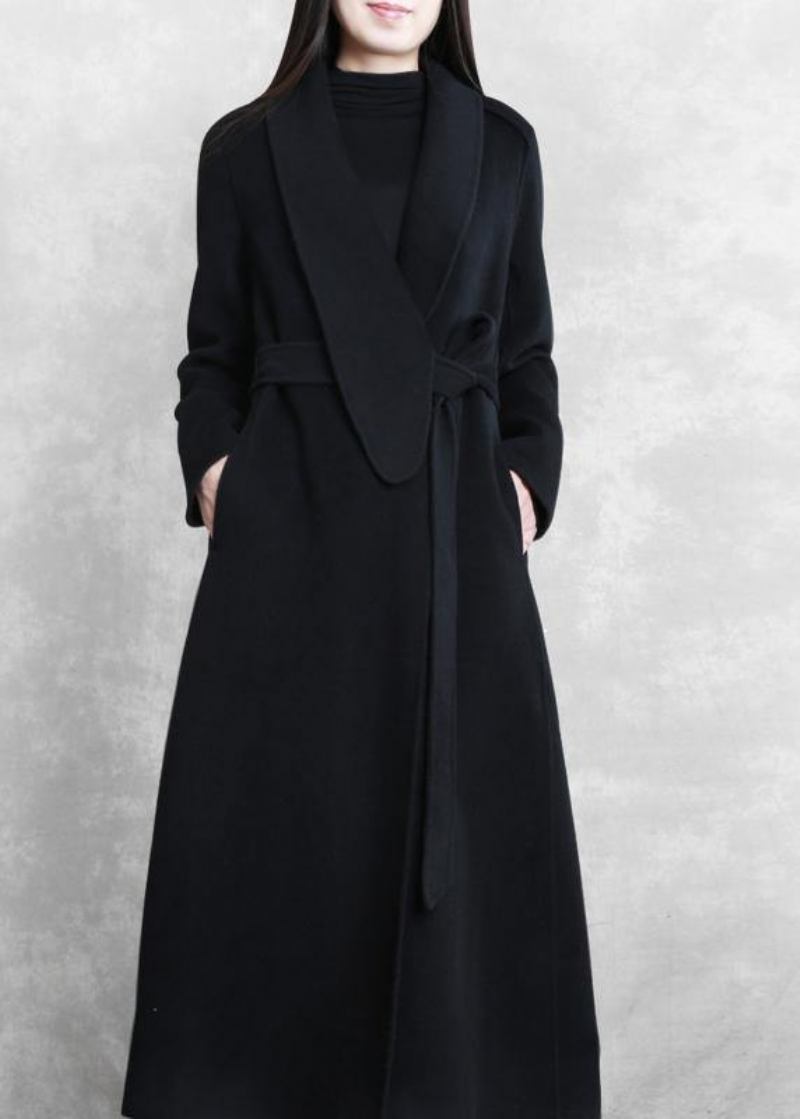 Feine Locker Sitzende Maxi-jacke Wolloberbekleidung Schwarzer Mantel Mit Gürtel Und Taschen In Der Taille - Damen-Wollmäntel