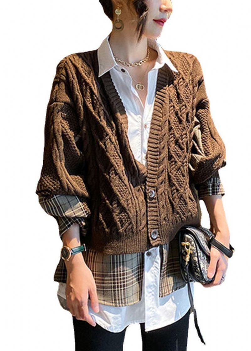 Feine Schokoladenbraune Karierte Patchwork-strickjacke Mit Hohlsaum Zerknitterte Herbst-woll-zweiteiler-outfits - Kaffee