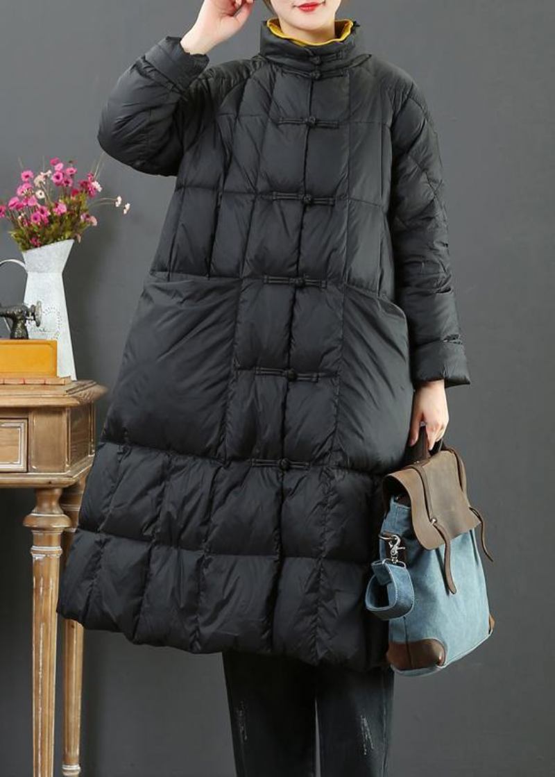 Feiner Locker Sitzender Langer Mantel Winterjacke Schwarzer Stehkragen Chinesische Wolloberbekleidung Mit Knopfleiste