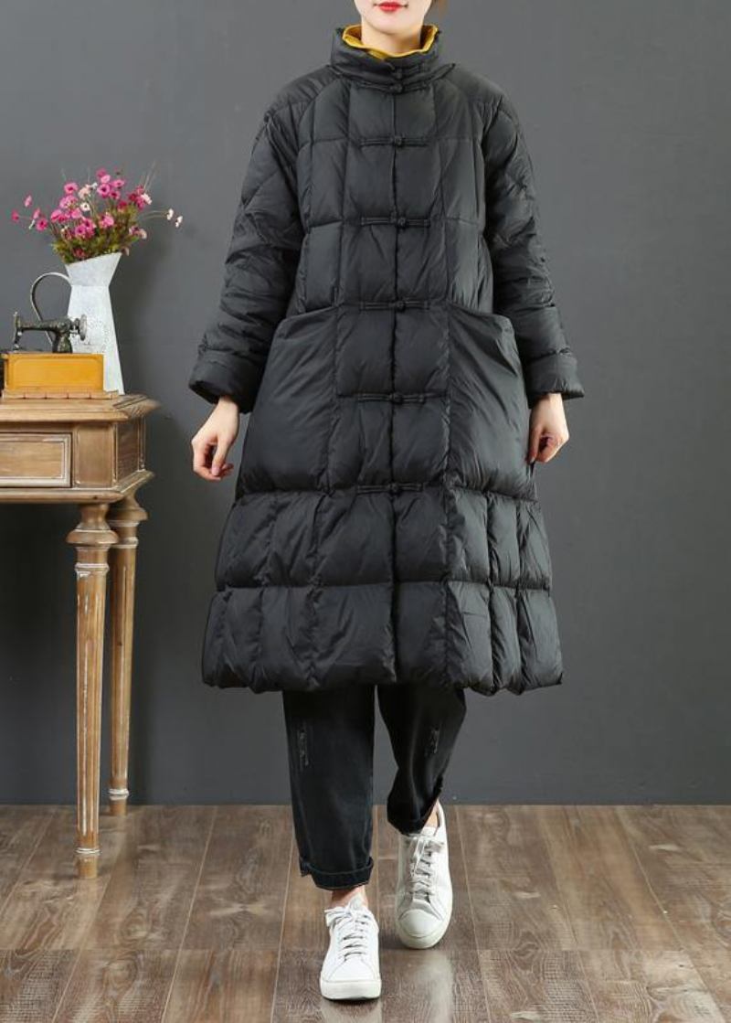 Feiner Locker Sitzender Langer Mantel Winterjacke Schwarzer Stehkragen Chinesische Wolloberbekleidung Mit Knopfleiste - Damen-Wollmäntel