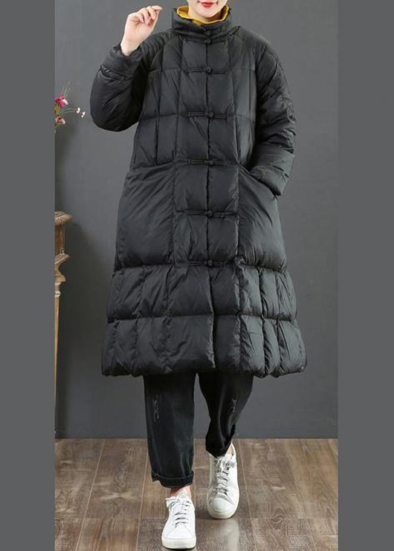 Feiner Locker Sitzender Langer Mantel Winterjacke Schwarzer Stehkragen Chinesische Wolloberbekleidung Mit Knopfleiste - Damen-Wollmäntel