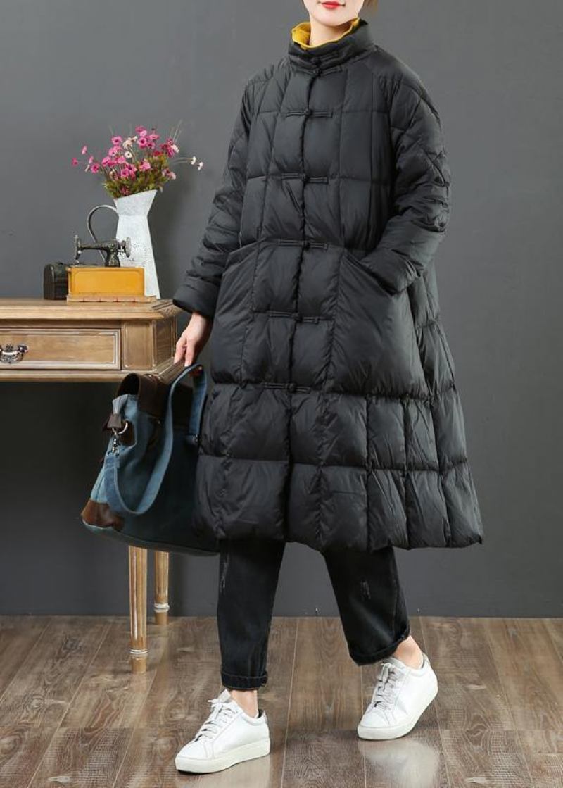 Feiner Locker Sitzender Langer Mantel Winterjacke Schwarzer Stehkragen Chinesische Wolloberbekleidung Mit Knopfleiste - Damen-Wollmäntel