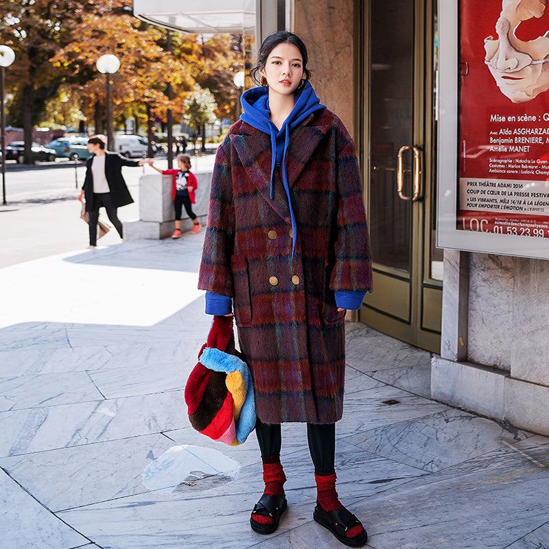 Feiner Rot-blauer Karo-mantel In Übergröße Trenchcoat Mit Kerbe Neuer Zweireihiger Wollmantel - Damen-Wollmäntel