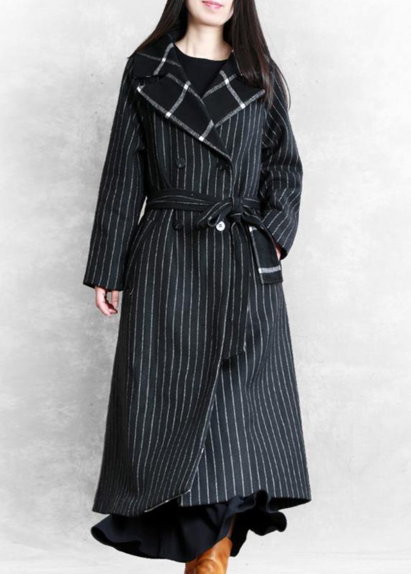 Feiner Schwarz Gestreifter Wollmantel Übergroßer Trenchcoat Gekerbtes Patchwork - Damen-Wollmäntel